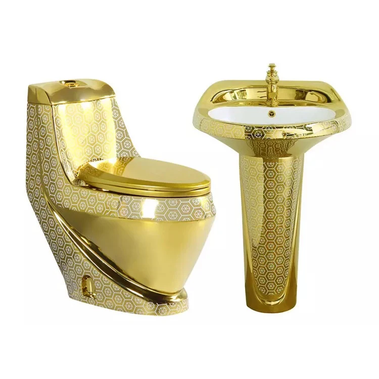 Electroplated Golden Color Modern Bathroom Sanitary Ware Luxury Wc Toilet Bowl and Pedestal Basin Sink Ceramic Gold Toilet Set
