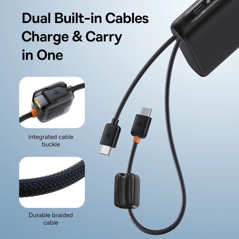 Baseus 20000mAh 100W Power Bank Built-In Dual USB-C Cable Fast Charging Digital Display Power Bank For iPhone 17 Pro Max Samsung