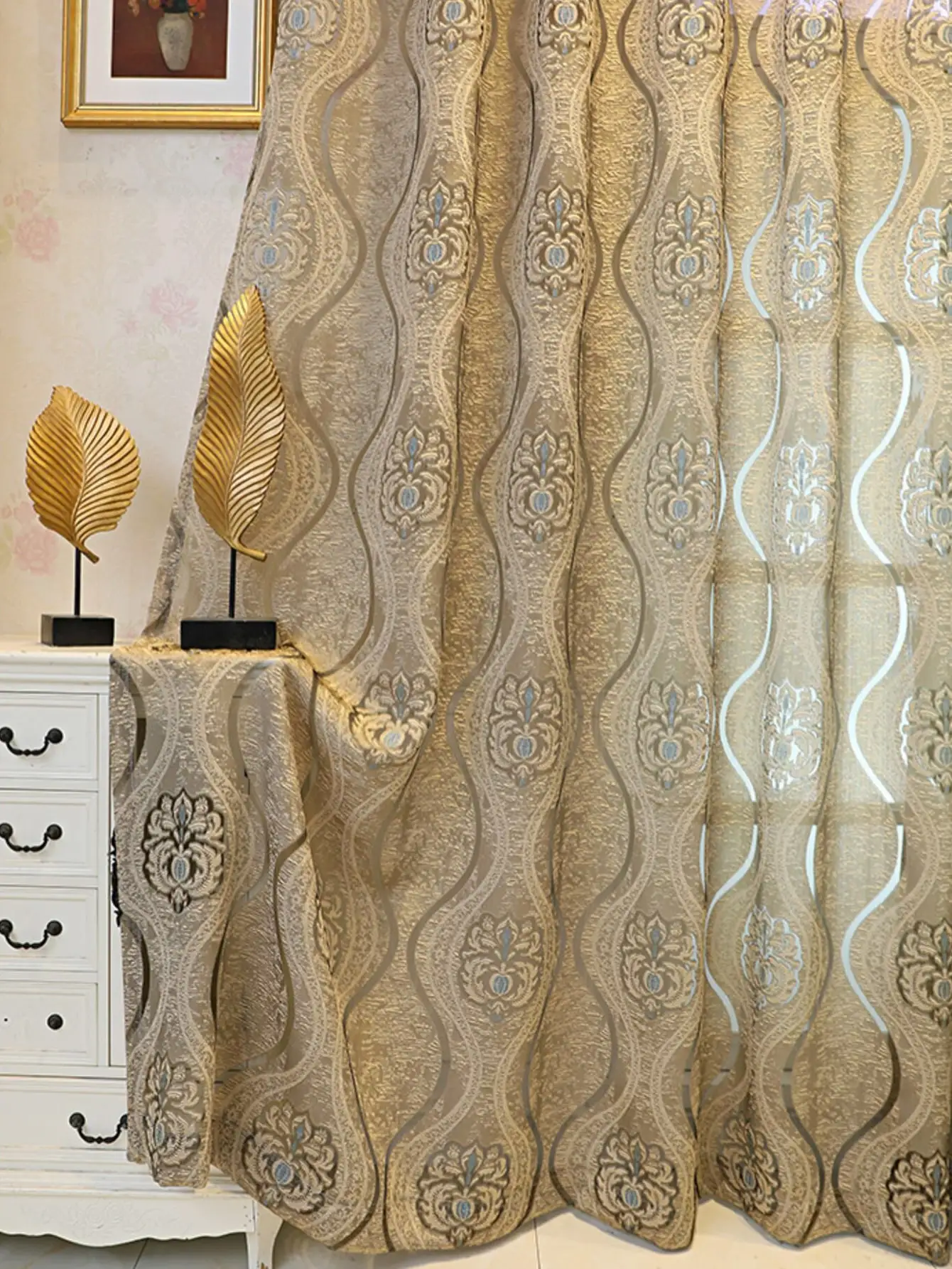 European Curry Eight Wave Perforated Curtains Living Room Bedroom Blackout Decorative Curtains Party Decoration
