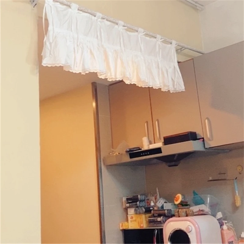 Description Picture 4 of item120*40 Korean Sweet Pleated Lace Short Curtains for Kitchen Solid Tab Top Half Curtains Bow Tie Window Valance Cotton Curtain