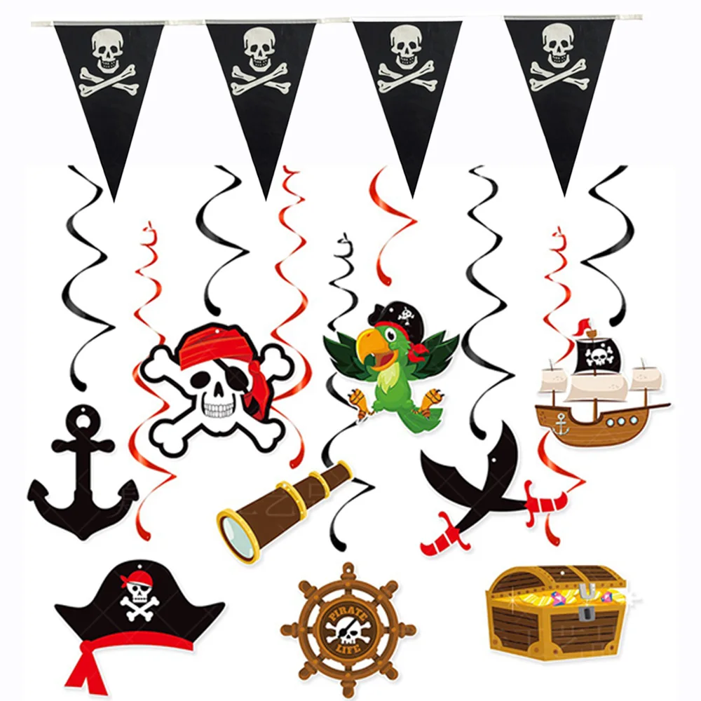 

1 Set Pirate Party Hanging Swirls Decorations Pirate Themed Streamer Banner Captain Hat Skull Parrot Treasures Halloween Decor