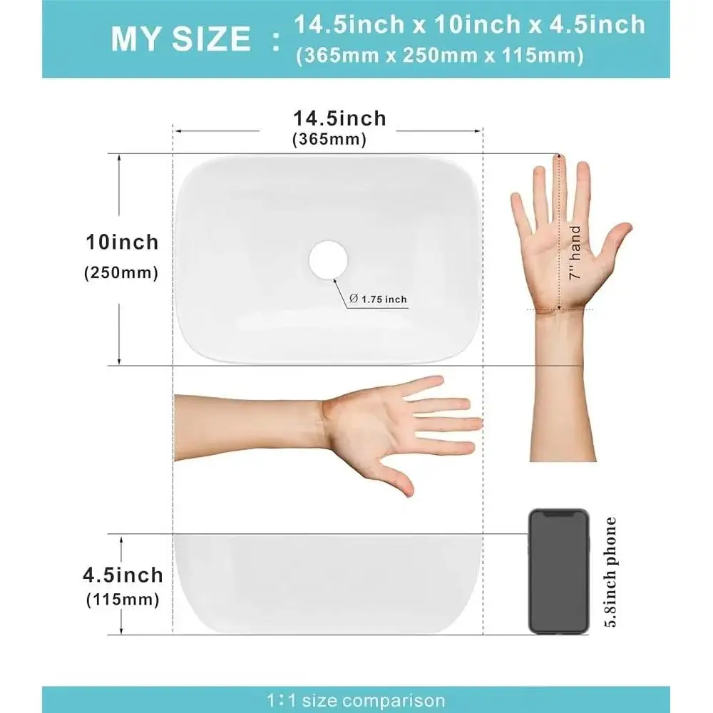 Small Bathroom Vessel Sink White Porcelain Ceramic Lavatory Wash Basin 14.5''x10'' Modern Impact-Resistant Design 365x250x115mm 4