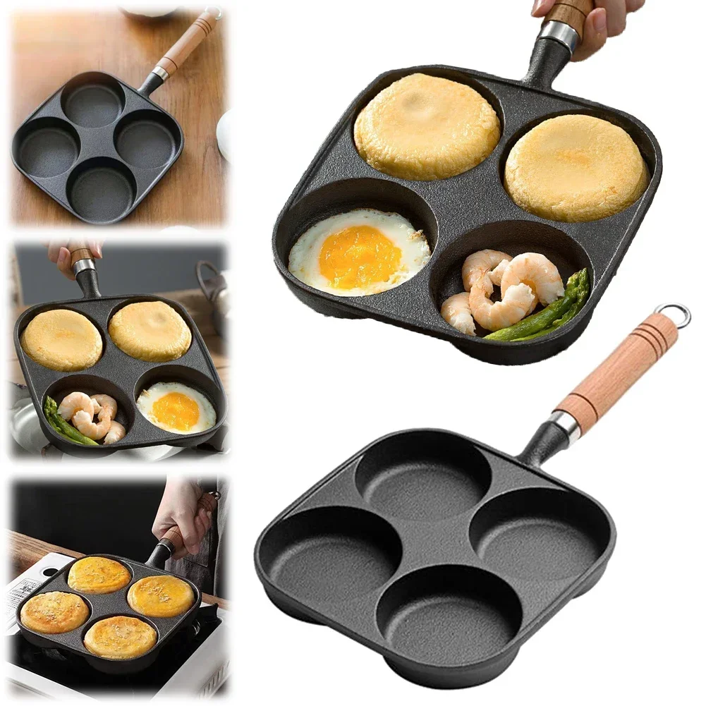 4-Hole Non Stick Omelet Pan Breakfast Burger Egg Pancake Maker Wooden Handle Cookware Pancake Pan for Gas Stove Induction Cooker