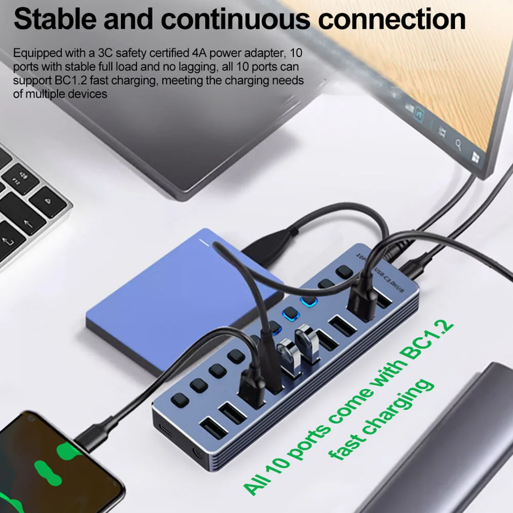High-Speed 7-Port USB 3.0 Hub with Independent Switches and 12V Power Adapter