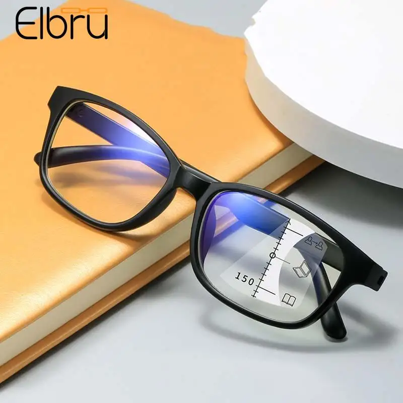 Elbru Fashion Multifocus Anti blue Light Reading Glasses Women Men Far