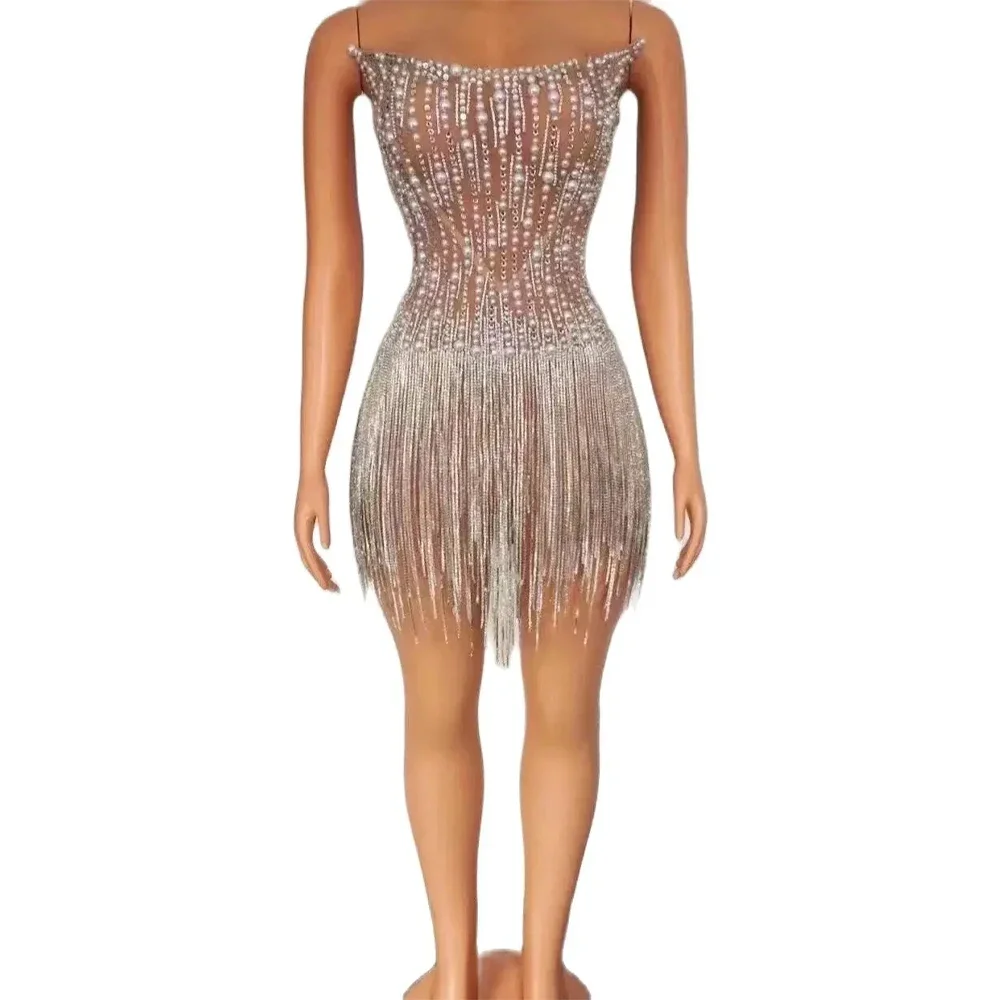 

Sexy Silver Pearls Crystals Fringes Chain Transparent Corset Outfit Evening Celebrate Wear Birthday Celebrate Performance Top