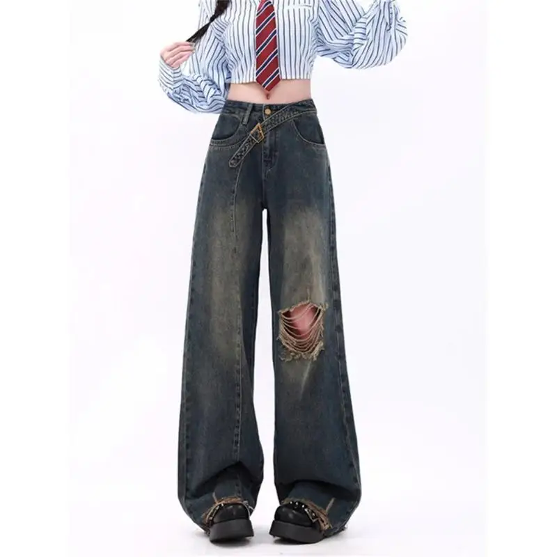 Vintage Ripped Hole Jeans Women 2023 Fashion Loose High Waisted Jeans Harajuku Streetwear Straight Full Length Wide Leg Jeans