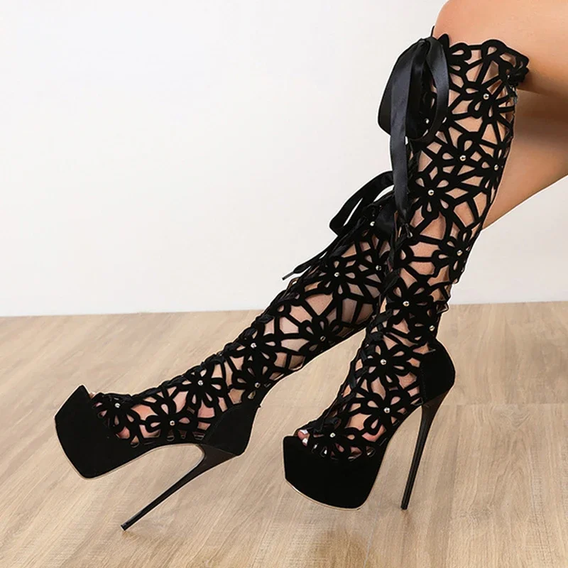 

New 16CM Ultra Thin High Heels Sexy Nightclub Hollow Out Over The Knee Boots Women Peep Toe Lace-Up Zip Platform Shoes Sandals