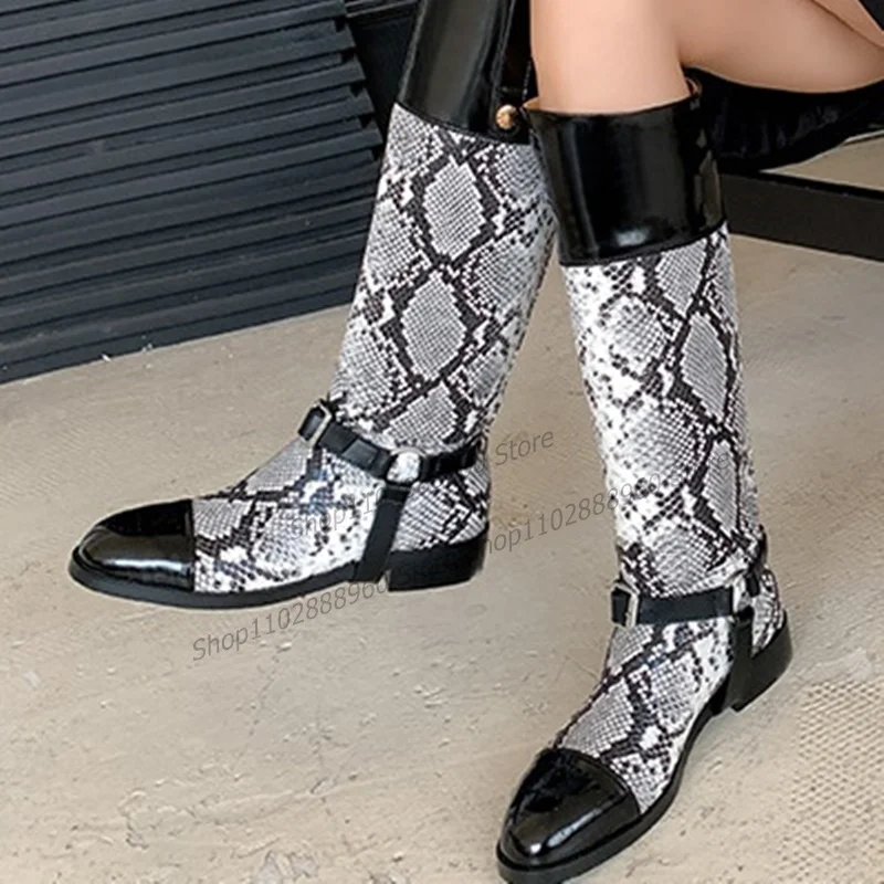 

Mixed Color Snake Skin Belt Buckle Decor Boots Mid Calf Thick Heel Women Shoes Slip-On Round Toe 2023 Sexy Zapatos Para Mujere