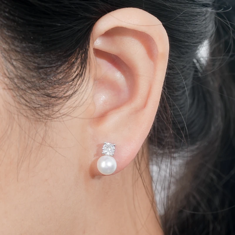 AINUOSHI 925 Sterling Silver Ladies Ear Stud 8-9mm White Shell Beads & 3.5mm Zircon Earrings for Women Fashion Jewelry Gift 6