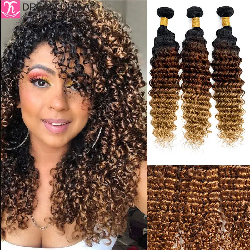Human Hair Extensions DreamDiana Remy Deep Wave Bundles 3Pcs Ombre Brazilian Deep Curly Bundles Ombre Human Hair Human Hair Extensions 9A