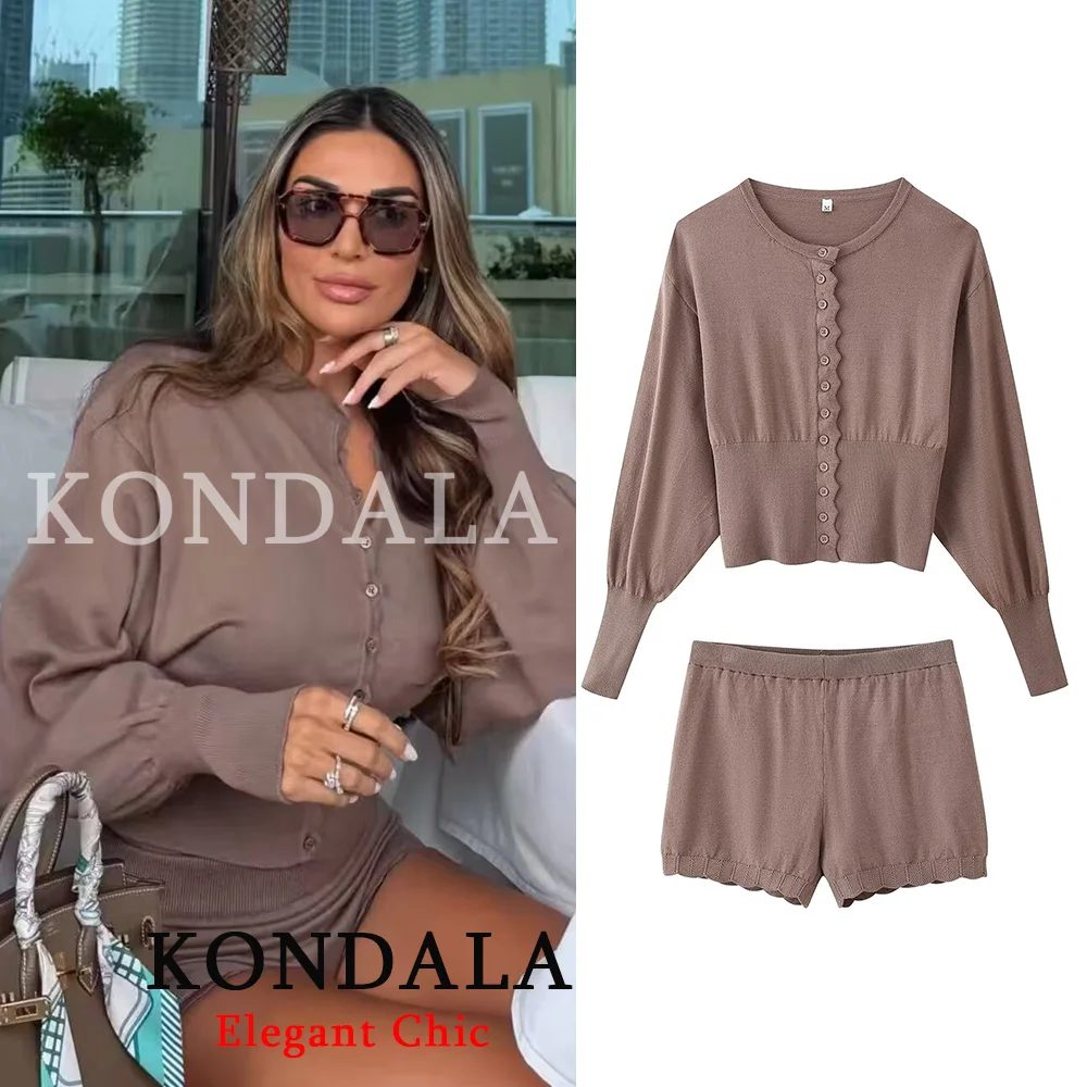 KONDALA Damen Trendiges Shorts-Set Einreihiges Strick-Oberteil Elastische Taille Shorts Neue Mode 2026 Frühling Sommer Streetwear-Set – Detail 3