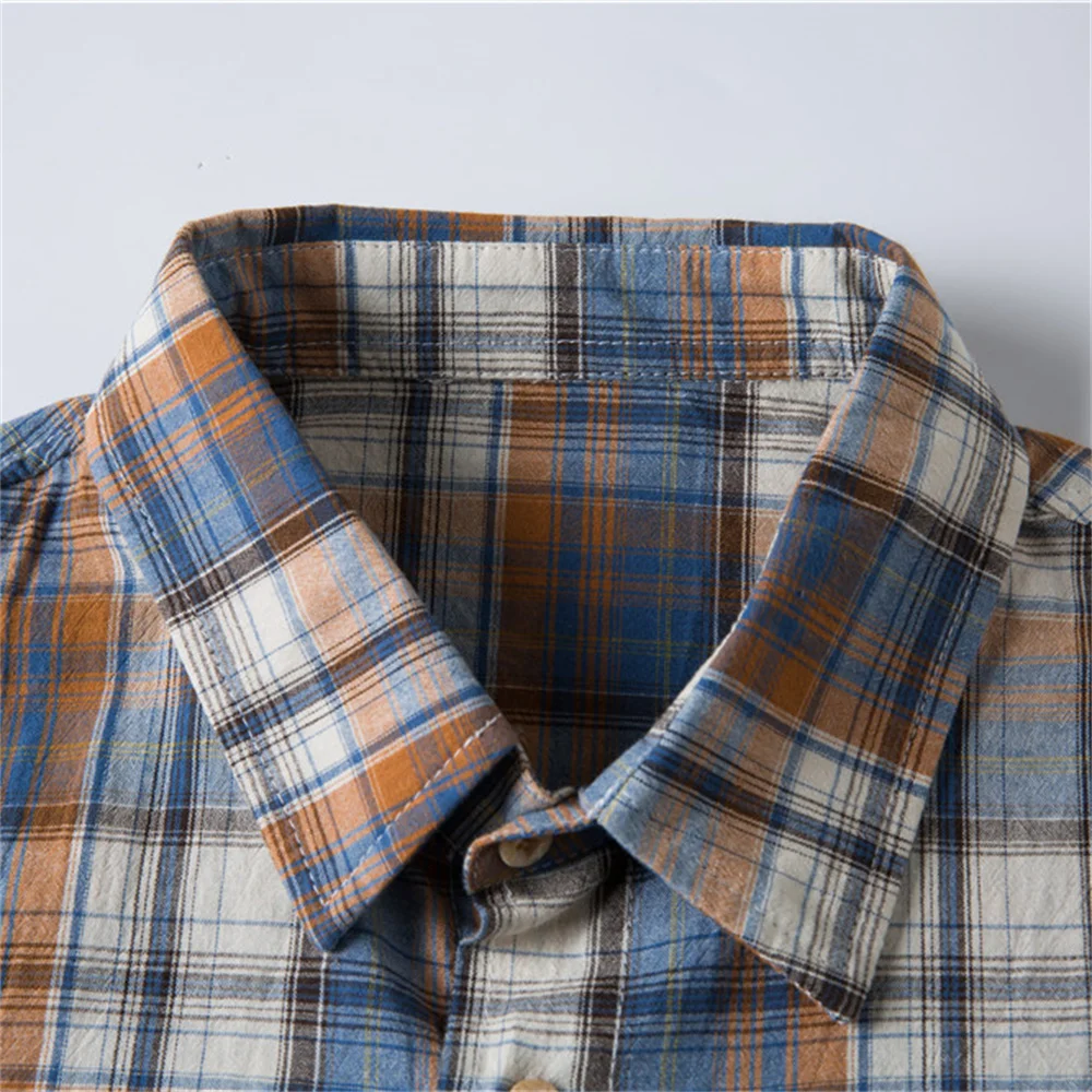 Men 100% Cotton Short Sleeve Plaid Shirt Summer Casual Social Business