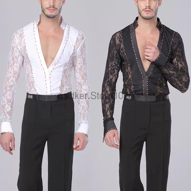 Men's Latin Dance Costume Black White Hollow Lace Leotard Bodysuit Cha-Cha Tango Rumba Dance Performance Shirt For Male dance dress,dance shirts,dance bodysuit