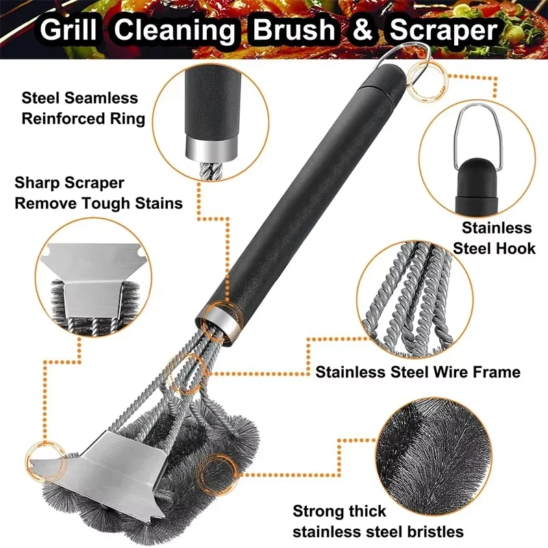 1/2PCS Safe Grill Brush and Scraper with Deluxe Handle Grill Cleaner Brush Stainless Steel Bristle Grill Brush Accessories