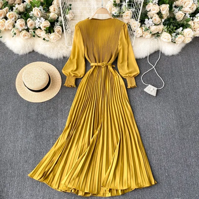 lusumily Maxi Dress Women Spring Summer Elegant Patchwork Puff Long Sleeve Pleated Muslim Lady Long Dresses Ladies Party Dress 5