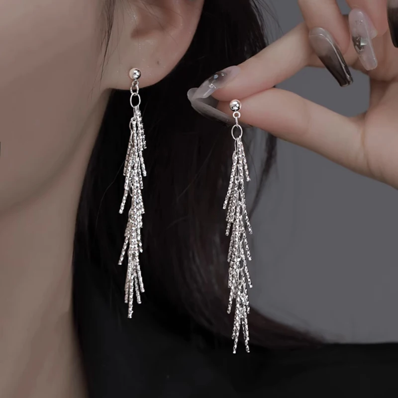 Luxury Version S925 Silver Sparkling Dense Bone Tassel Earrings Women's Simple Silver Color Earrings Party Fine Jewelry Gift