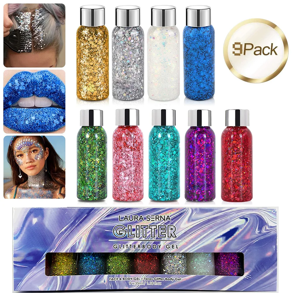 Face Glitter Makeup 9pcs for glitter gel makeup,body glitter gel,glitter sequins