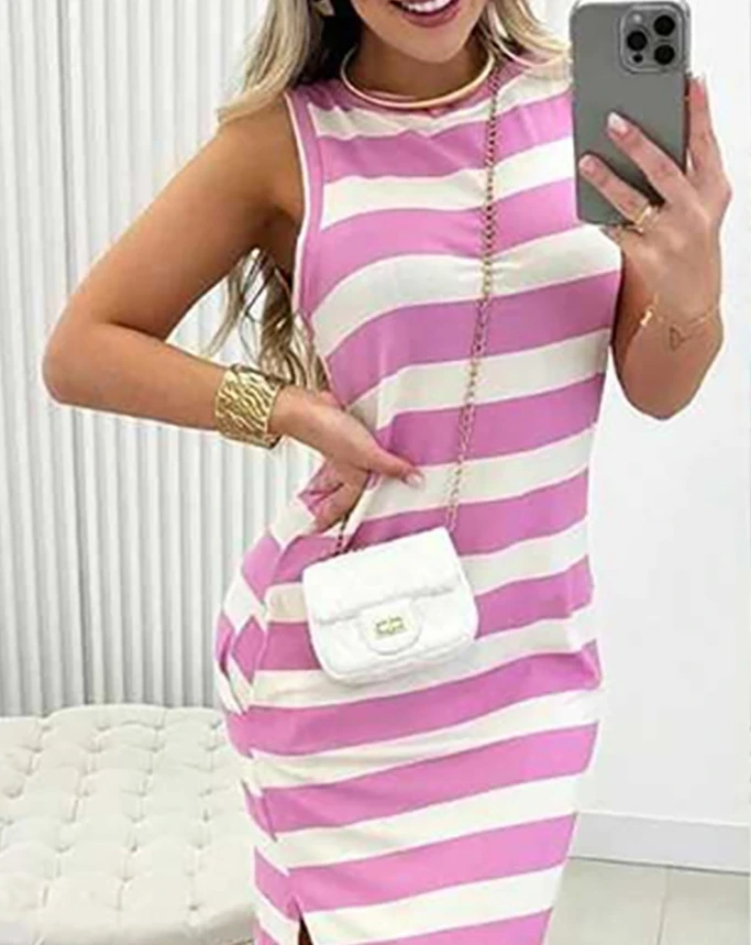 

Casual Style Woman Dresses 2024 Summer New Vacation Micro Elastic Stripe O-Neck Leisure Daily Commutingslim Elegant Long Dress
