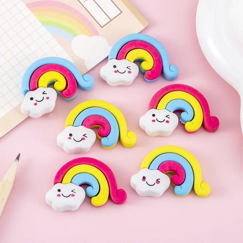 12 Pcs 크리 에이 티브 귀여운 무지개 구름 모델링 3D 연필 지우개 학생 문구 상품 선물 보상 문구