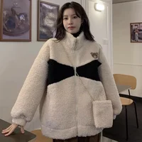 Winter Thickened Long Sleeve Lamb Fur Jacket Women's Loose Bear Pattern Cotton Coat Adorable Color Block Design New Hot Sale Of