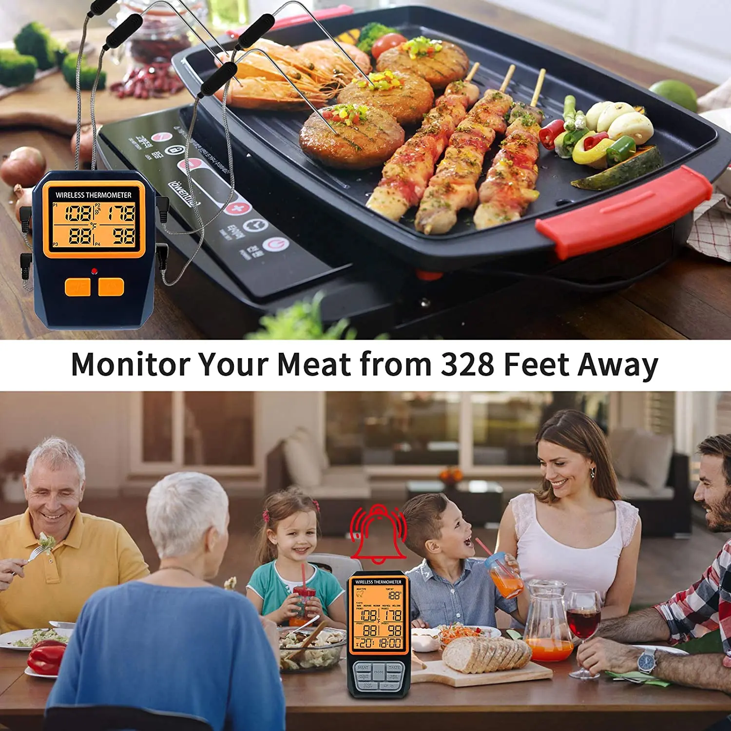 328ft Wireless Meat Thermometer for Grilling Smoker BBQ Oven Digital Food Kitchen Thermometer with 4 Probes Timer Alarm Gift New 6
