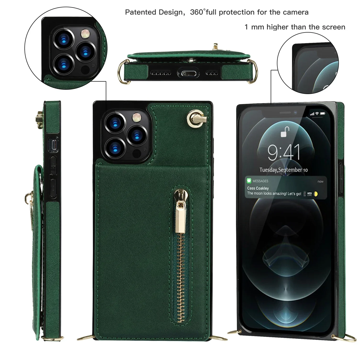 Leather Crossbody Zipper Wallet with Card Holder and Lanyard Strap
