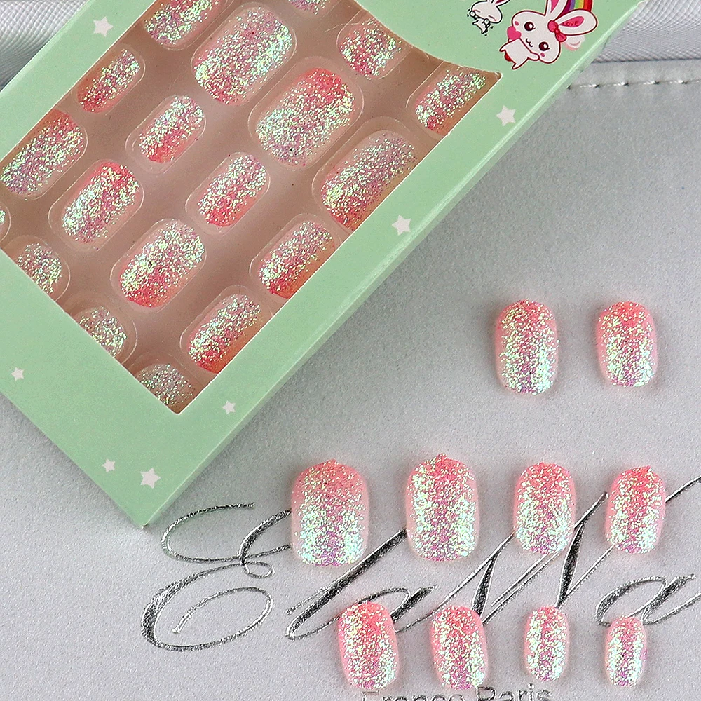 Glitter Press On Nails For Kids Diy Manicure Set False Nails_voghion.com