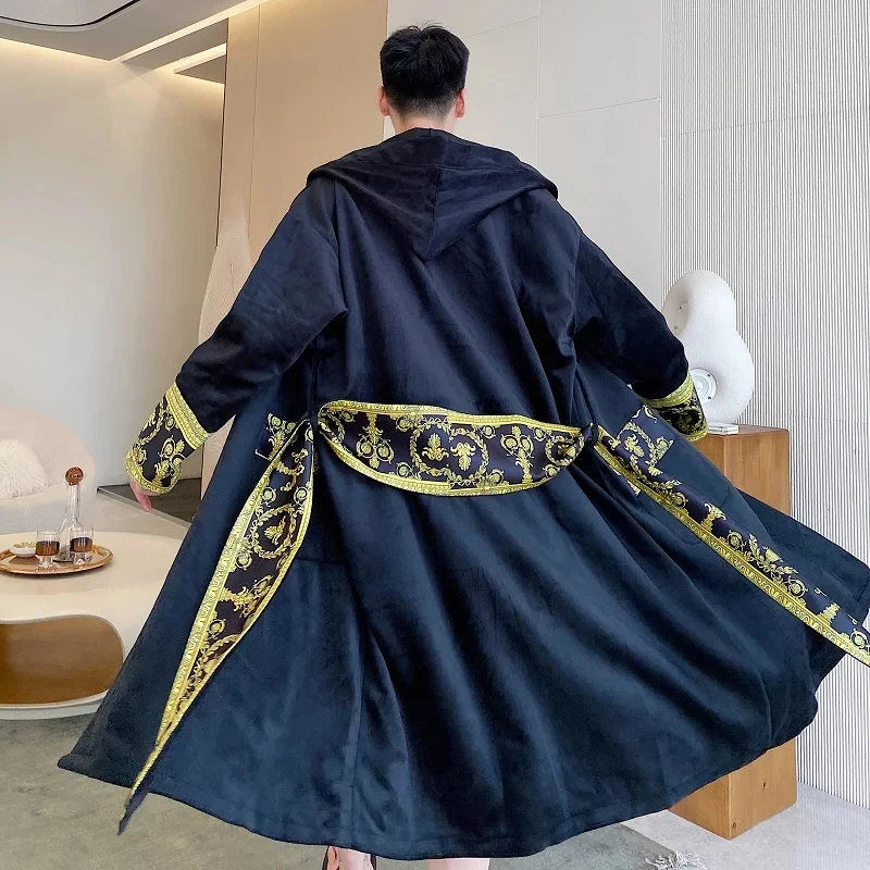 Cardigan Coat Men Loose Long Hooded Velvet Nightgown Robes Belted For LUZHEN