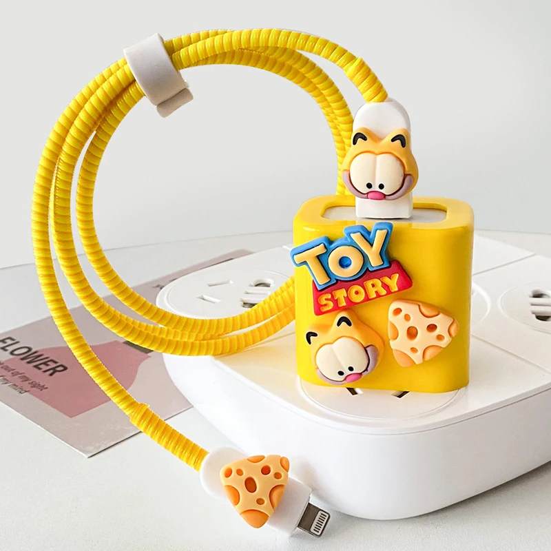 Charger Cable Protector for iPhone 15 14 13 18W 20W Charger Yellow Cat Data Line Spiral Winder Protective
