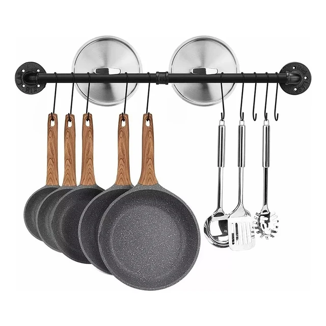 Pot Bar Rack Wall Mounted Detachable Pans Hanging Rail Kitchen Lids  Utensils Hanger with 10 S Hooks Black - AliExpress