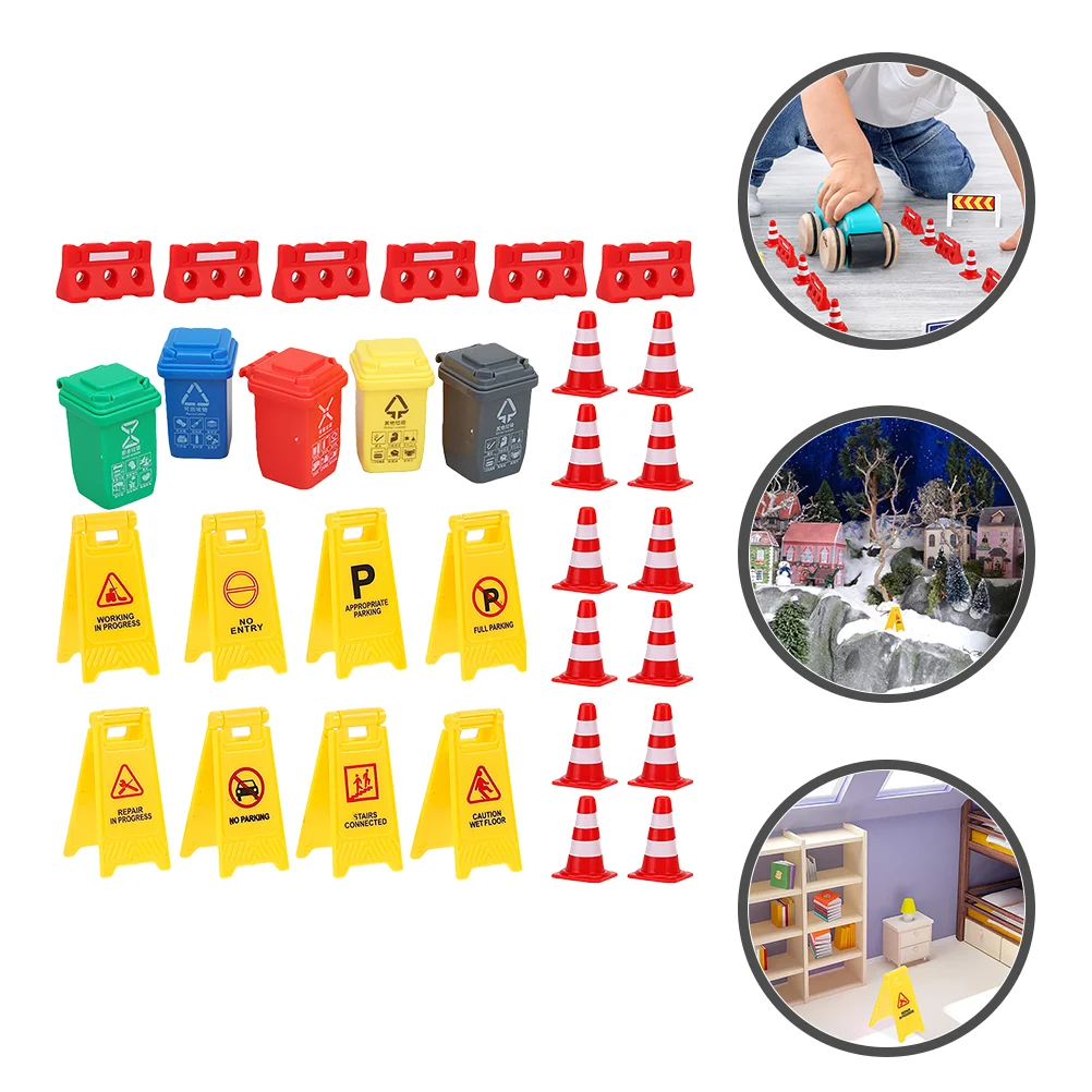 Traffic Signs Toy Road Toys Mini Sign Street Kids Cones Can Trash Playset Construction Garbage Roadblock Miniature Cone Play