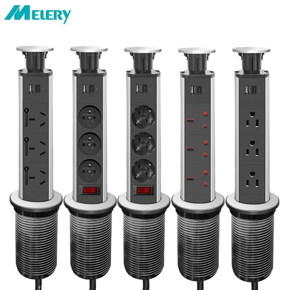 ปลั๊กไฟแบบซ่อนในโต๊ะ Melery สำหรับบราซิล ยุโรป สหรัฐอเมริกา สหราชอาณาจักร ออสเตรเลีย ฝรั่งเศส พร้อมช่องเสียบ USB Type C สำหรับใช้ในบ้าน สำนักงาน ห้องครัว 1