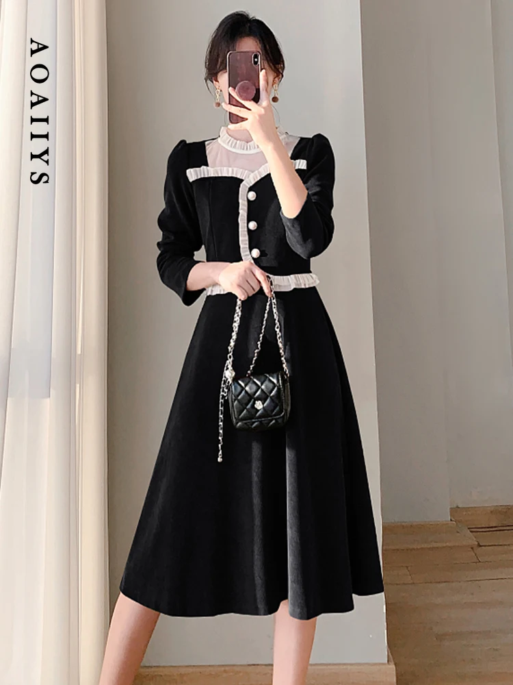 

Aoaiiys Long Velour Dress for Women Fake Two Panelled Long Sleeve Dress Korean Fashion Spliced O Neck Button Dress Autumn Winter