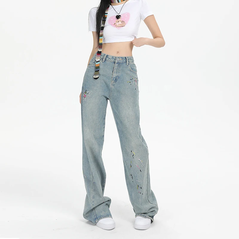 

Винтажные женские свободные прямые джинсовые брюки, женские шикарные брюки с высокой талией в уличном стиле