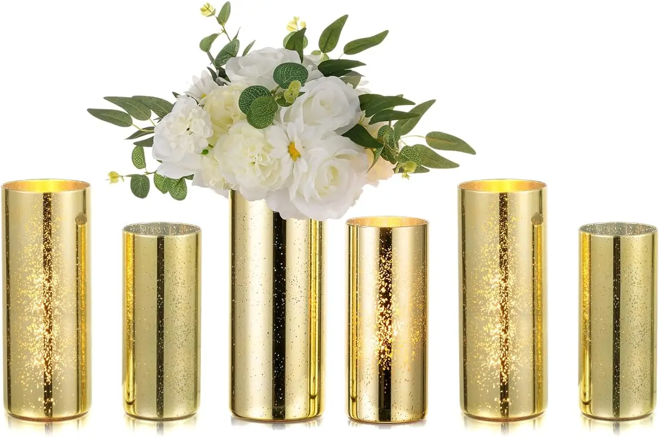 

Glass Cylinder Vases Set of 6, Glittery Gold Vase for Centerpieces, Glass Hurricane Candle Holders for Pillar Floating Candle