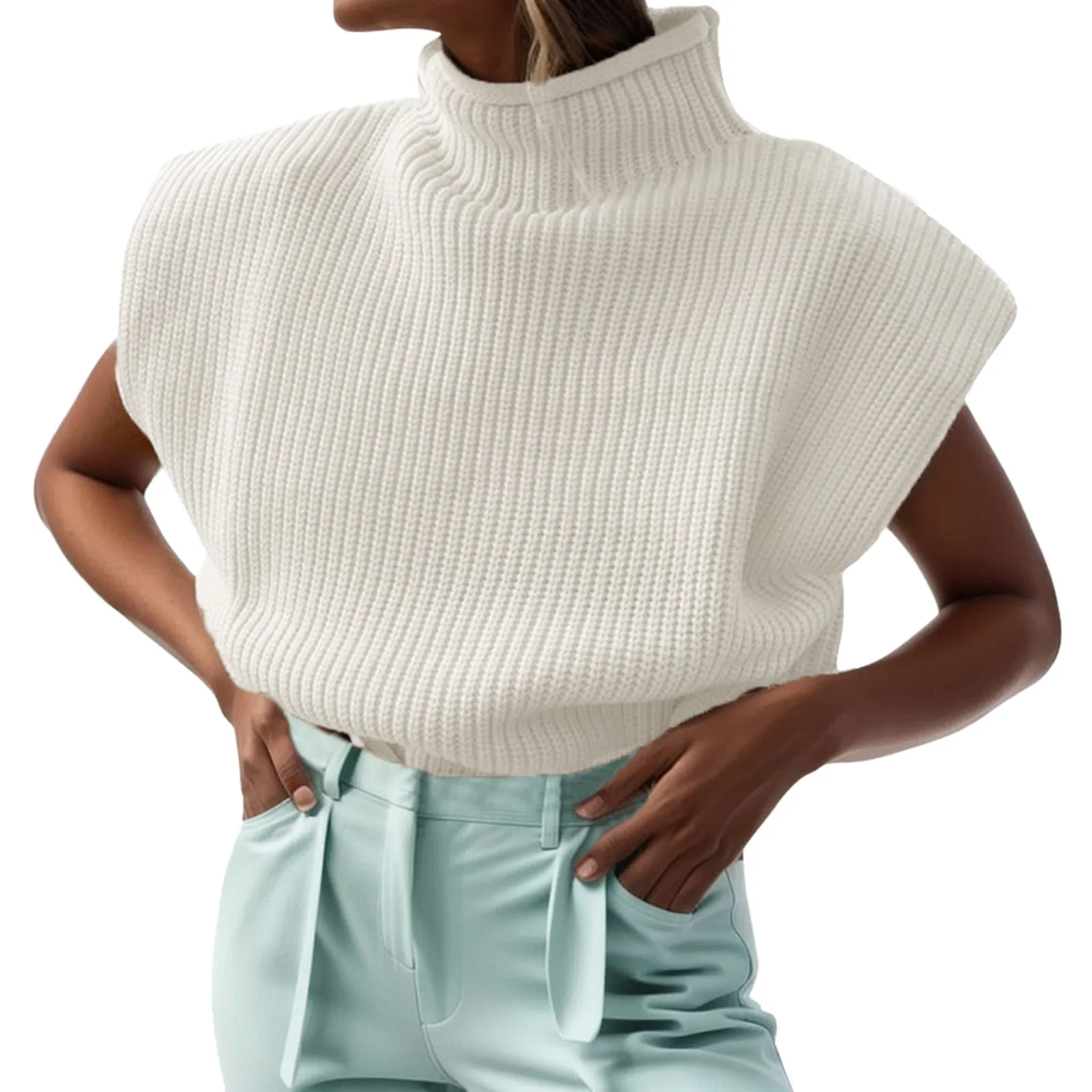

Women's Turtleneck Solid Sleeveless Vest Elegant Ribbed Knit Winter Clothes Women Korean Fashion Tops Jumper Stitching Vest