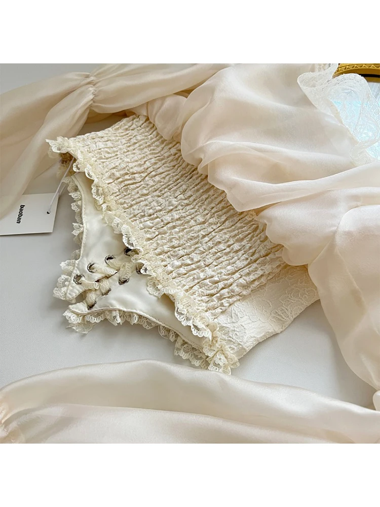 French Puff Sleeve Luxury Blouses Sweet Chic Square Collar Puff Sleeve Crop Top Women Sweet Court Shirts Coquette Office Lady