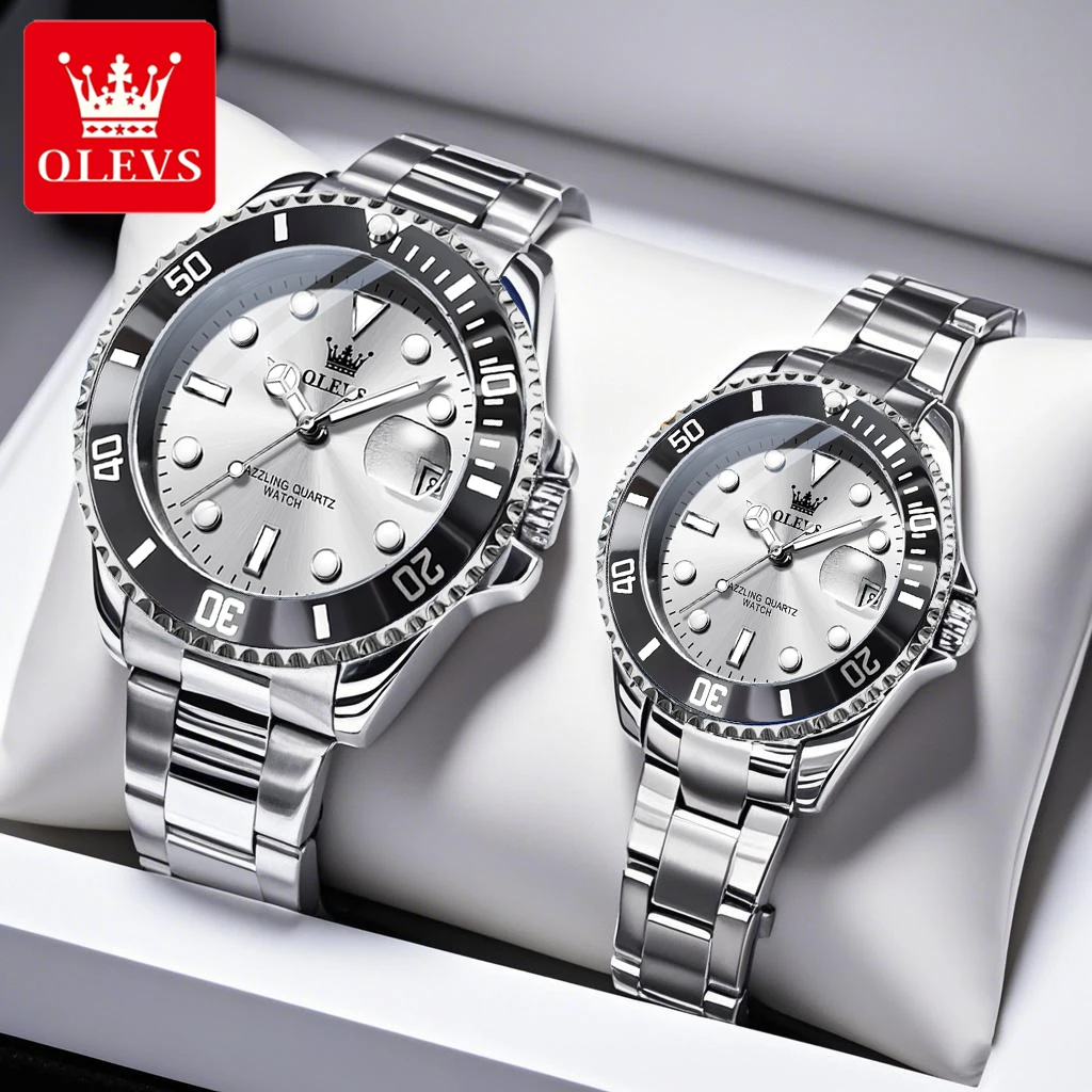 OLEVS Couple Watches Trend Fashion Stainless Steel Original Quartz Watch for Lover Premium Gift Box for Wristwatches Waterproof