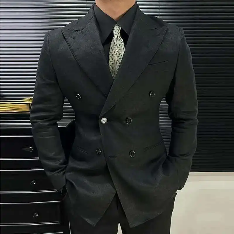 British Style Men Italian Linen Wide Collar Versatile Blazer Hombre Suit Chaqueta Hombre Prom Blazer Vintage Burgundy