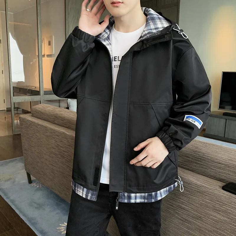 

2022 Spring Patchwork Casual Fashion Hooded Jackets Male High Quality Long Sleeves Pockets Clothes Zipper Grid Hot Windbreakers