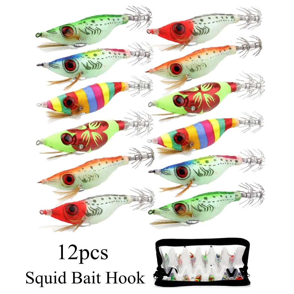

12pcs Colors Mixed 9g Big Eyes Wooden Shrimp Luminous Squid Bait Hooks with Bag Jig Fishing Lures Hooks