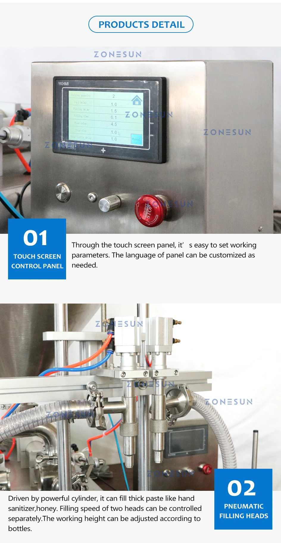 ZONESUN ZS-DTGT2 Automatic Pneumatic Double Head  Honey Paste Filling Machine with Conveyor