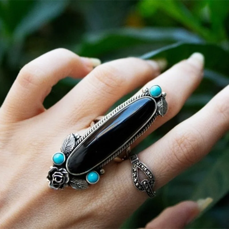 Anello Boho Onice Cubic Zirconia Anello Color Argento Anello Dichiarazione Anello Floreale Pietra Nera