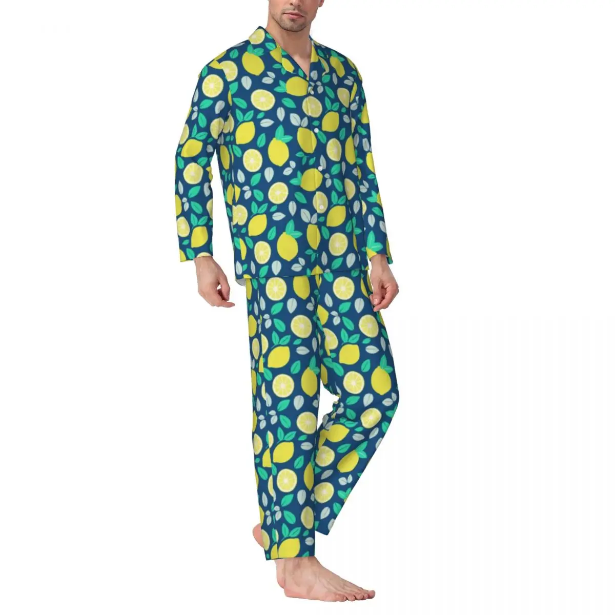 

Pajamas Man Lemon Pattern Night Nightwear Leaves Print Two Piece Casual Pajama Set Long-Sleeve Lovely Oversized Home Suit