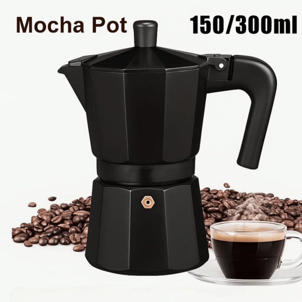 Black Coffee Maker Moka Pot with Handle Octagonal Espresso Coffee Maker Aluminum with Filter Cafe Brewing Tools