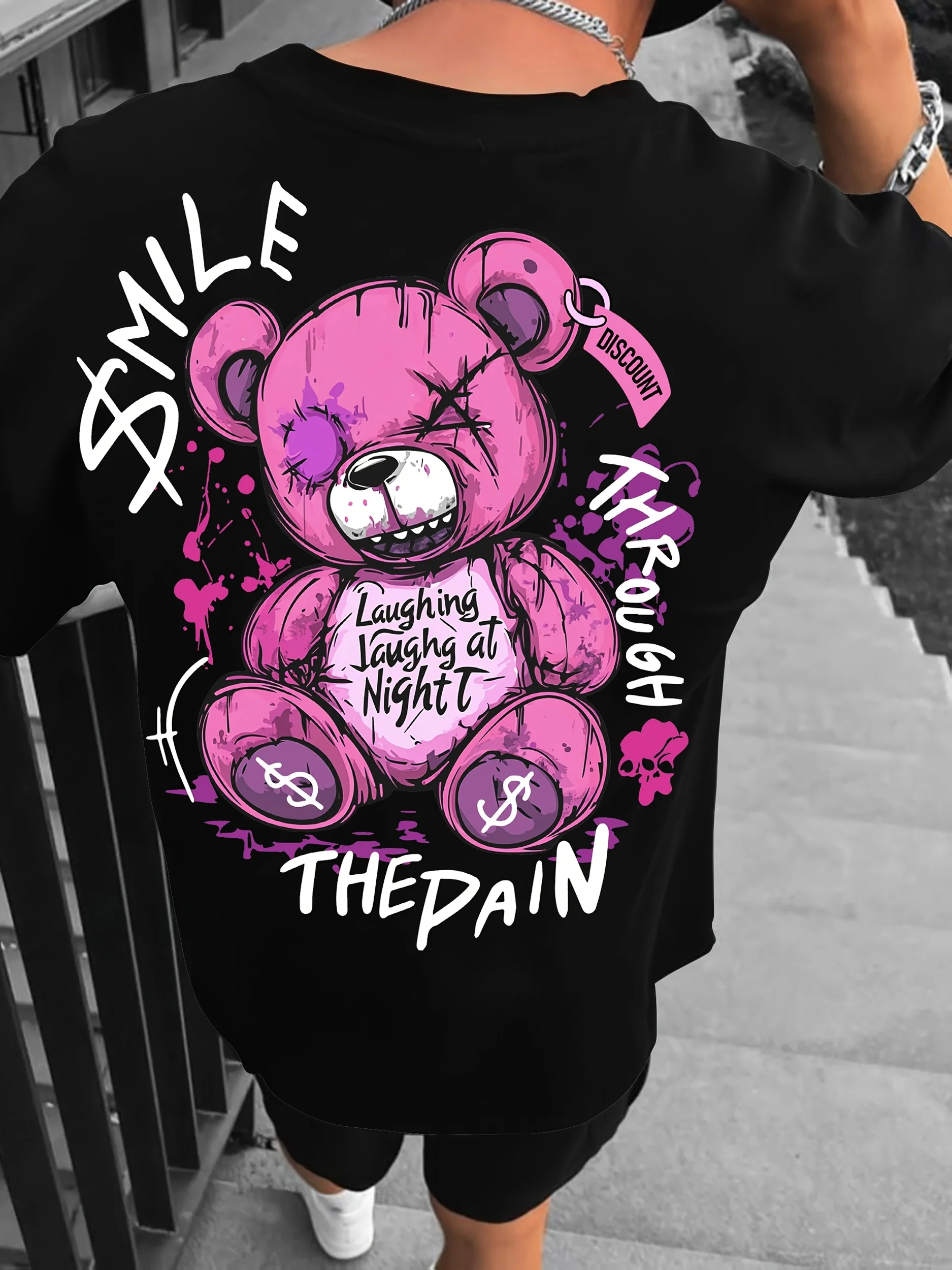 Plüschbär-Buchstabenmuster-Print T-Shirt für Damen und Herren aus Baumwolle im modernen Outdoor-Street-Style, Sport-Hip-Hop-Rundhals-Paar-T-Shirt mit kurzen Ärmeln