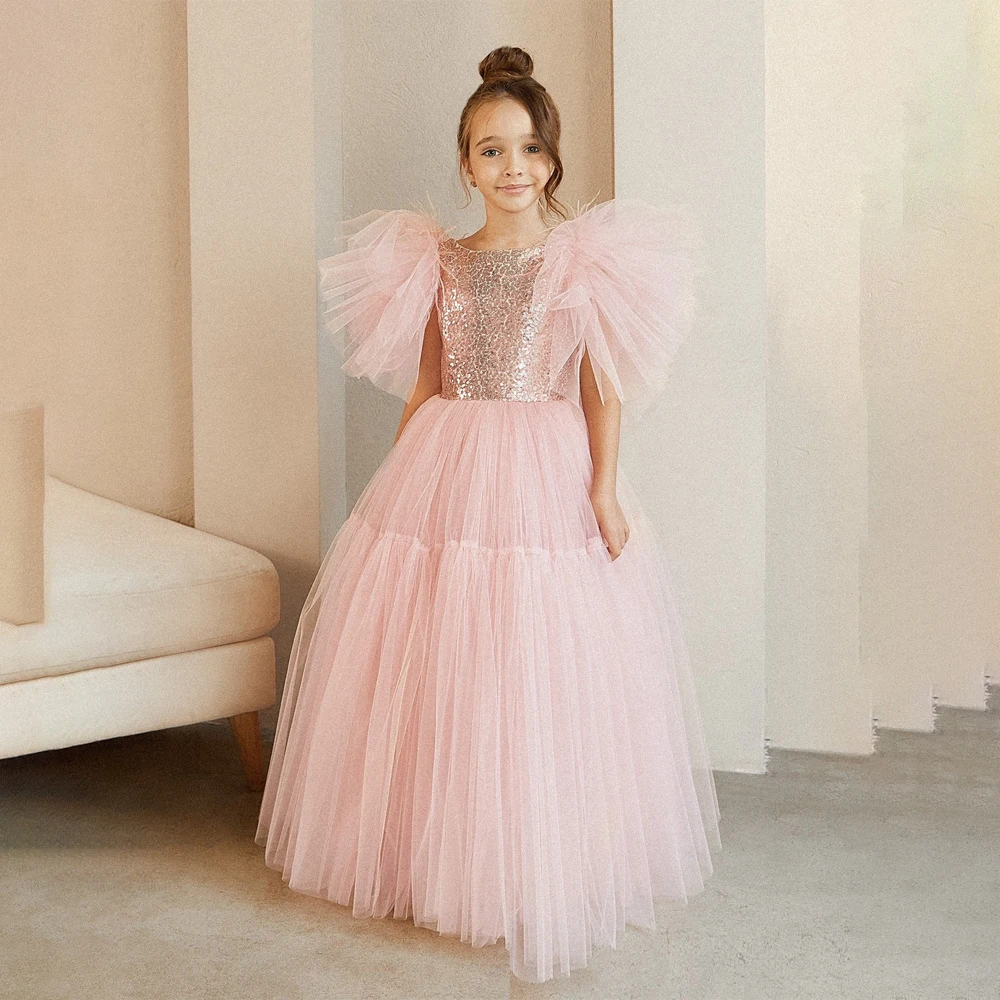

Blush Sparkle Sequins Flower Girl Dress A-line Puffy Tulle Princess First Communion Gown A-line Batwing Sleeve Birthday Kids