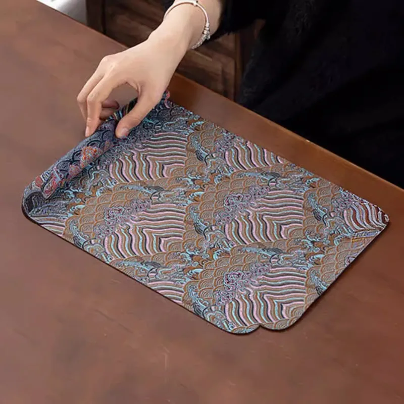 Double-Sided Brocade Tea Mat - Chinese Zen Style Non-Slip Dry Brewing Pad for Tea Ceremony Vintage Table DecorTraditionalCoaster