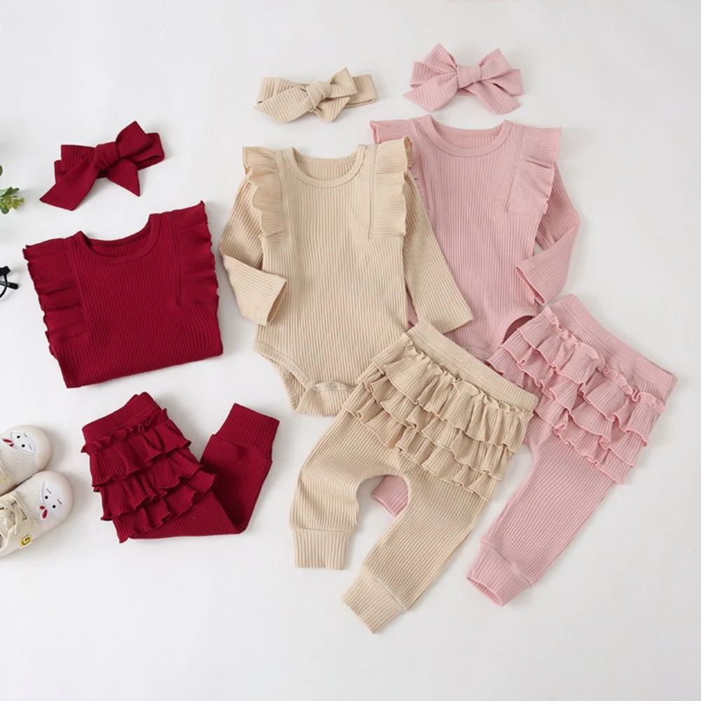 

Adorable Fall Outfit for Baby Girls 0-18 months- Trendy Bodysuit, Lace-Trimmed Sleeves, Headband, and Pants
